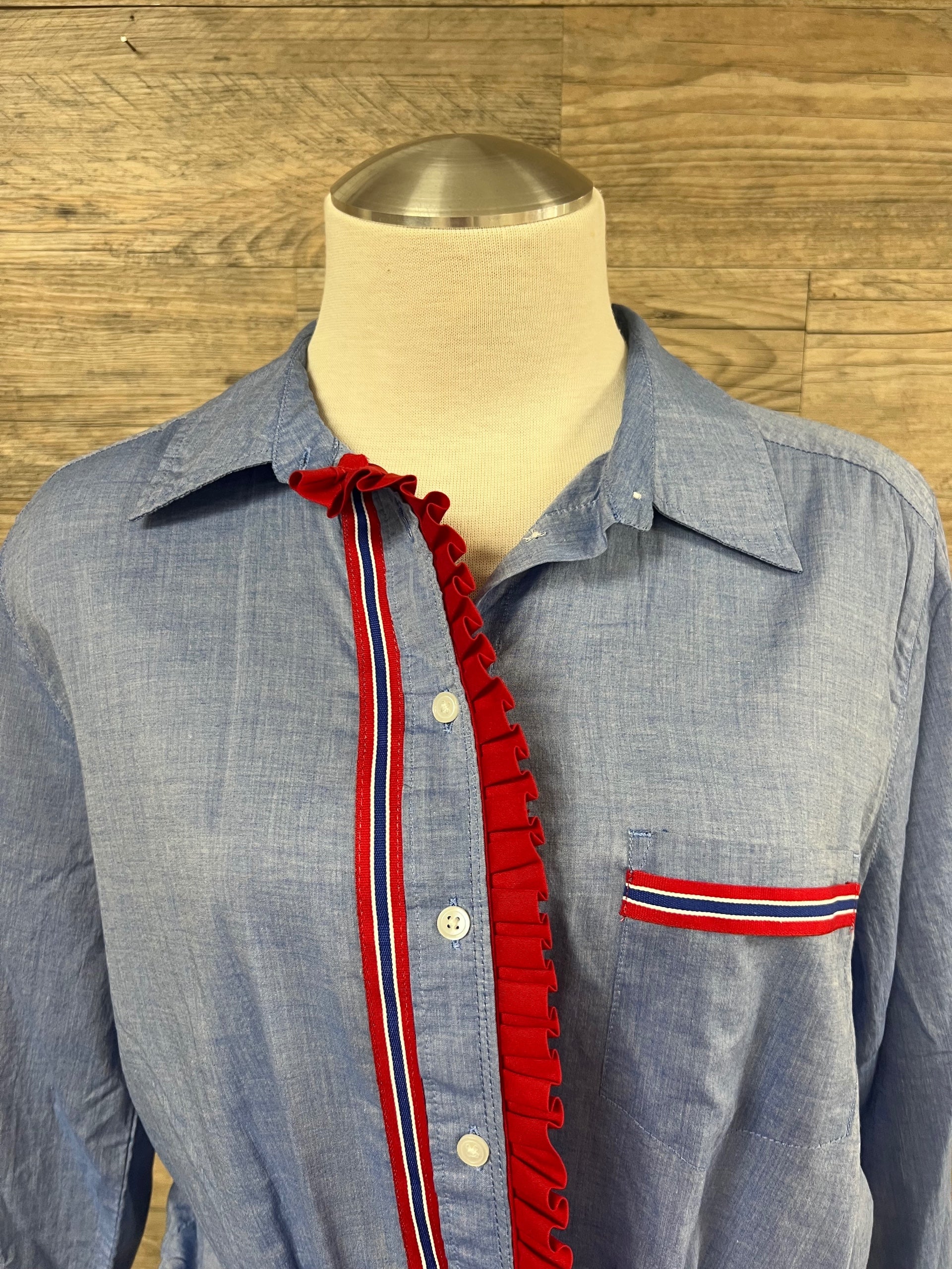 Chambray Ruffle Button-Down Shirt Embellished by Trish - Size Small