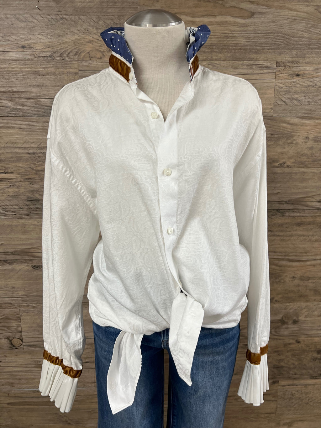 White Paisley Ruffle Blouse Embellished by Trish - Size Large