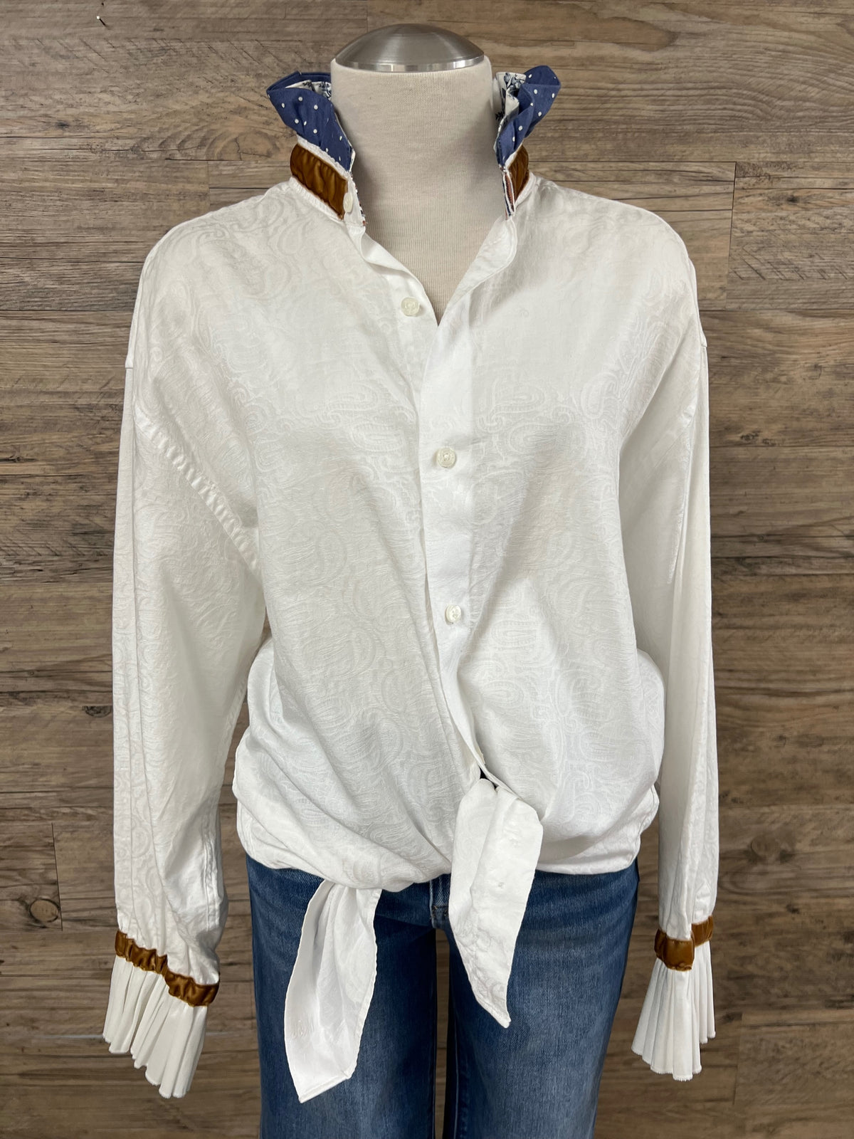 White Paisley Ruffle Blouse Embellished by Trish - Size Large