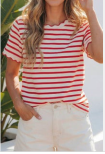 Stripe Scalloped Trim Round Neck T Shirt (S-XL)