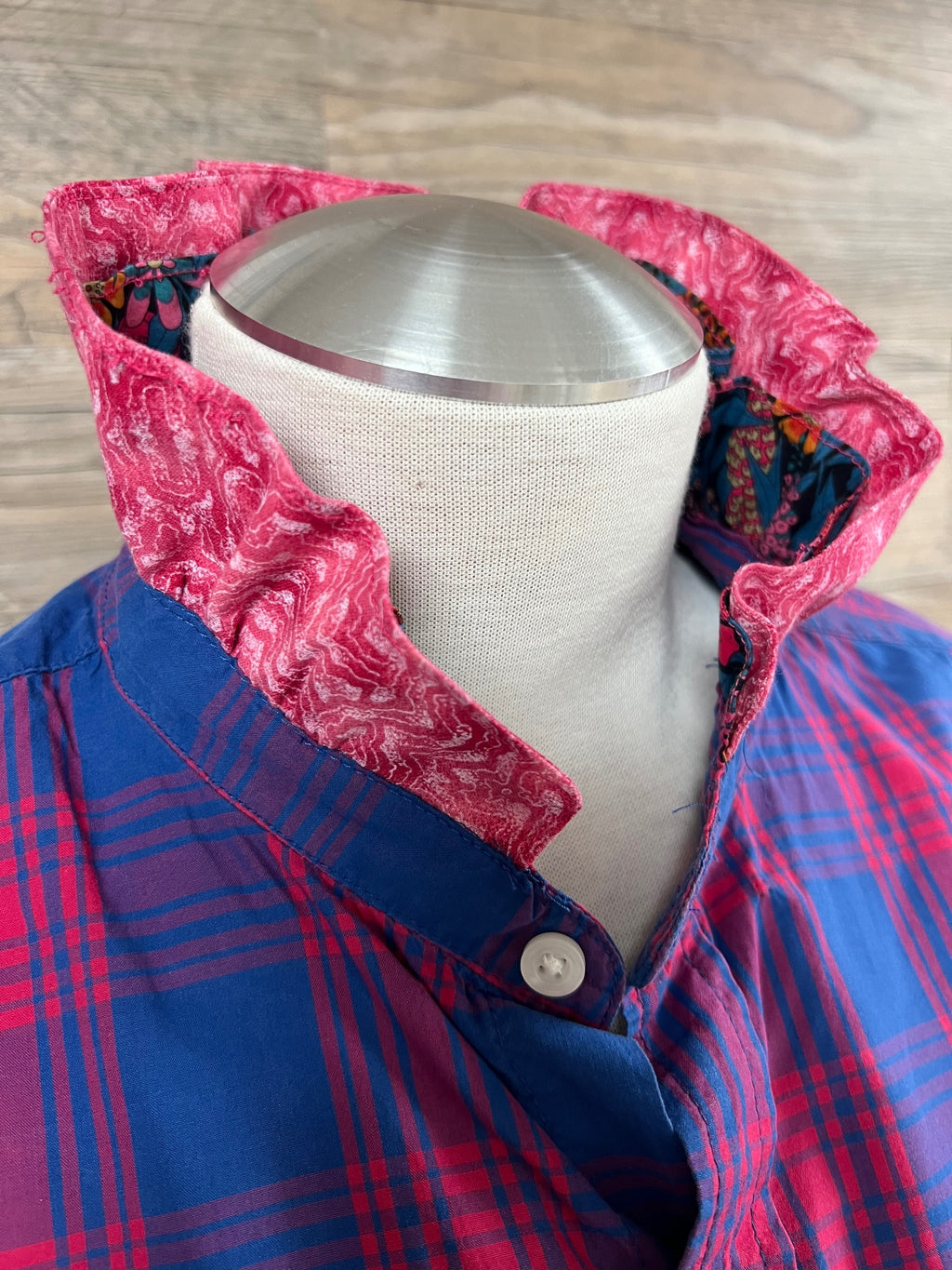 Blue and Fuchsia Plaid Ruffle Collar Button-Up Embellished by Trish - Size Large