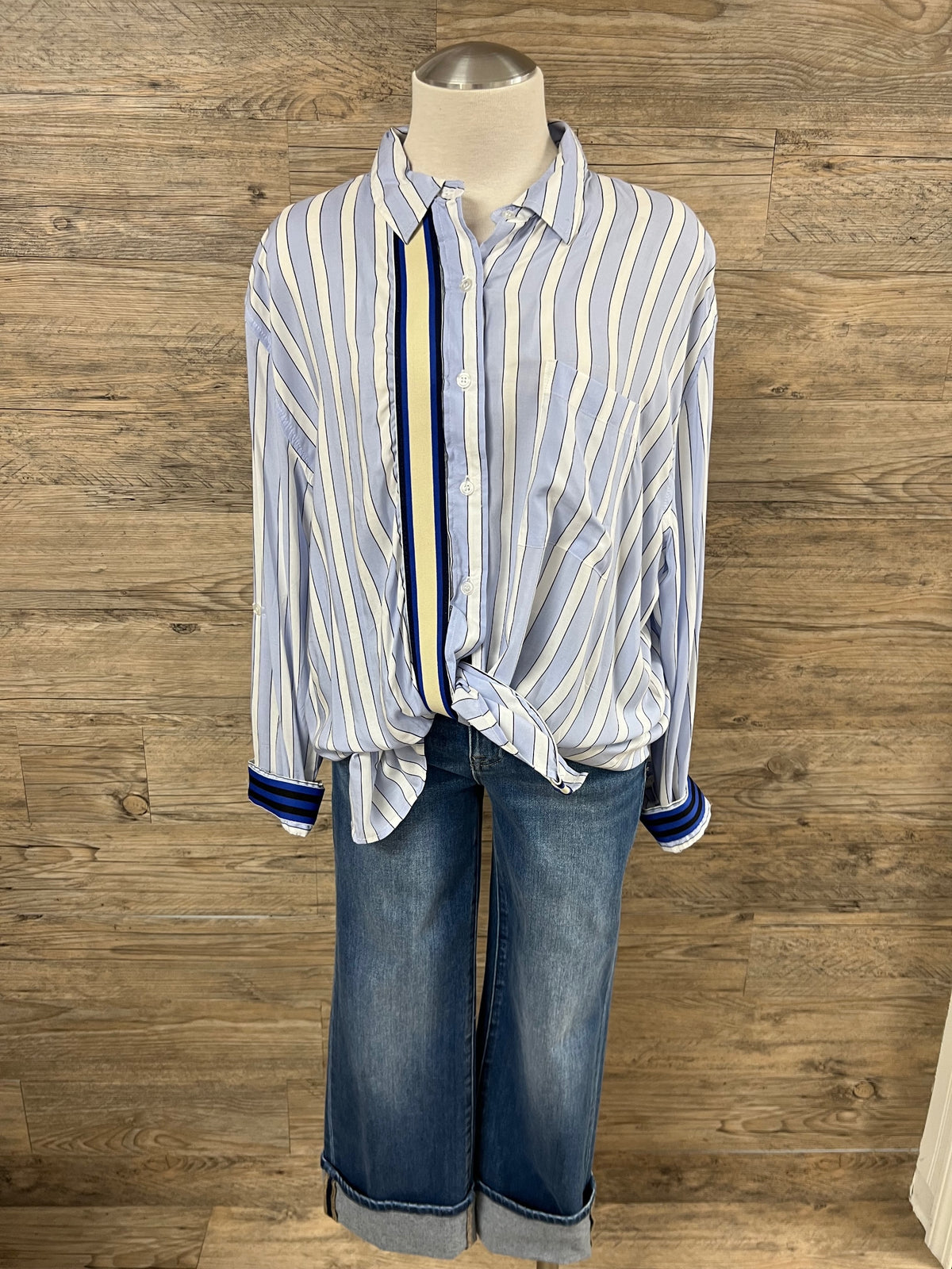 Baby Blue Striped Button-Up Blouse Embellished by Trish
