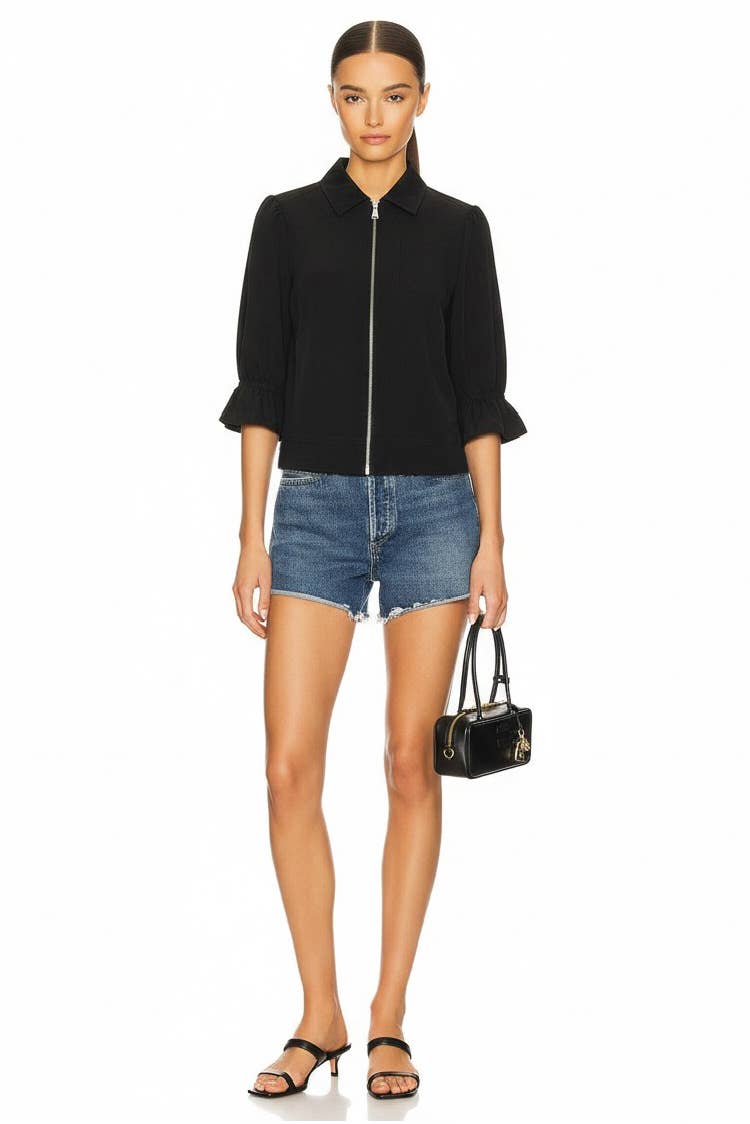 3/4 Zip Front Ruffle Sleeve Jacket