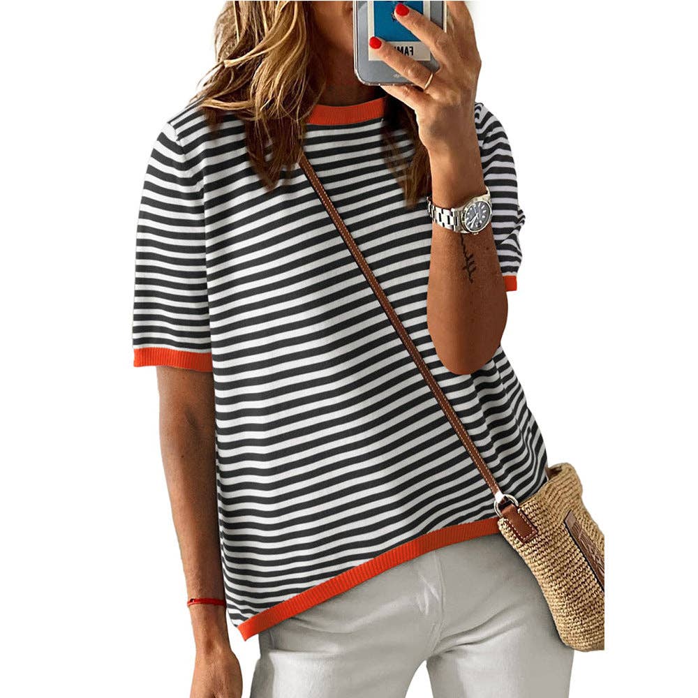 Contrast Trim Striped Sweater Top