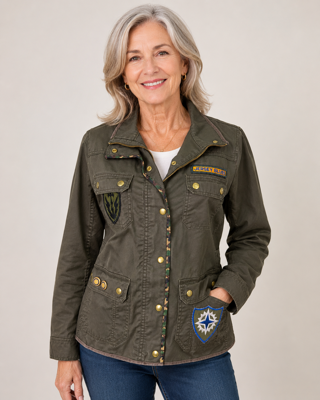 Hand-Embellished Jersey Blues Patched Jacket by Trish - Size Medium