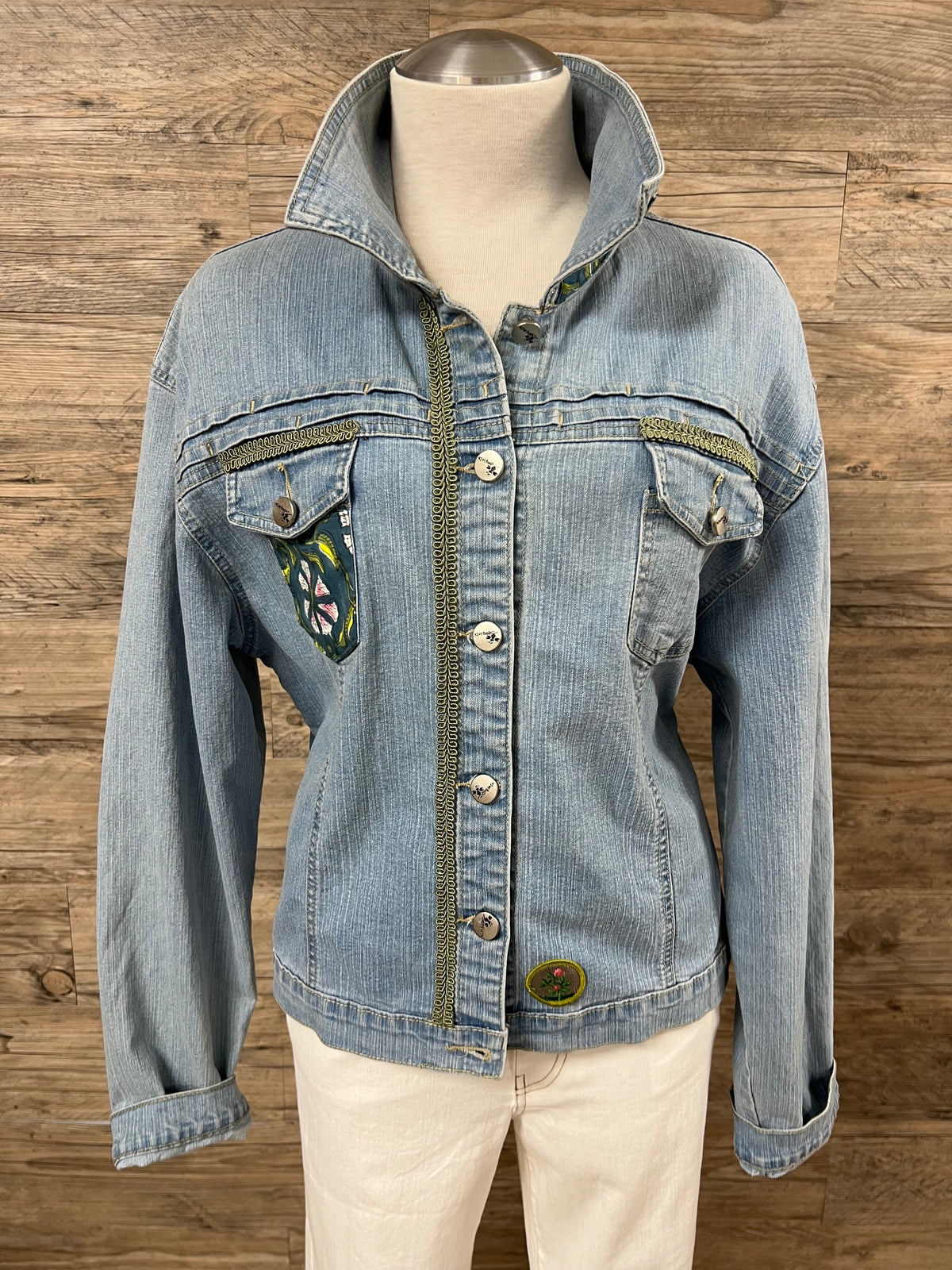 Garden Muse Denim Jacket Embellished by Trish - Size Large
