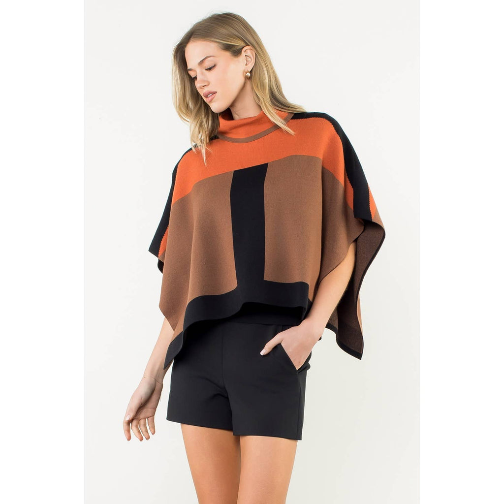 Colorblock Turtleneck Knit Poncho
