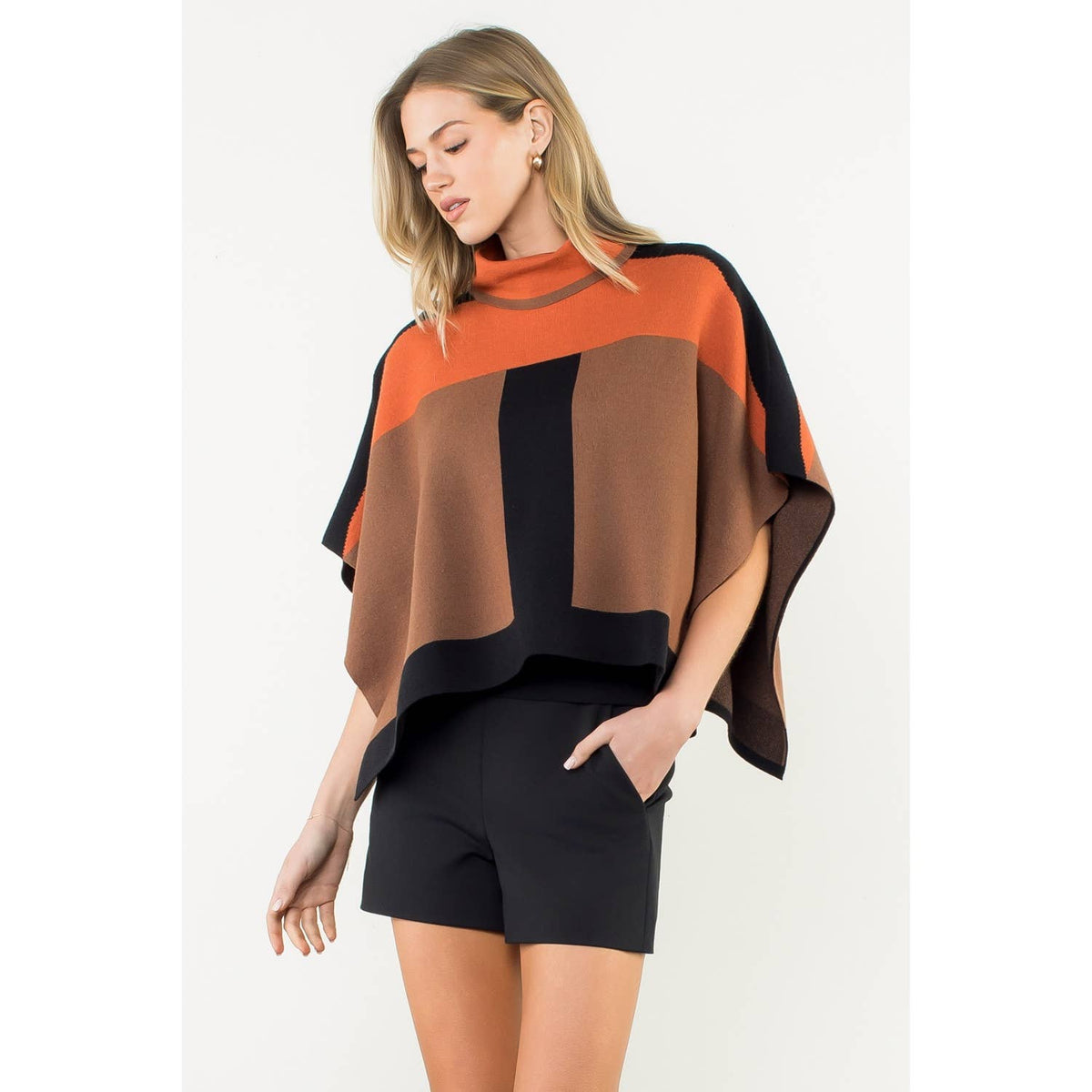 Colorblock Turtleneck Knit Poncho