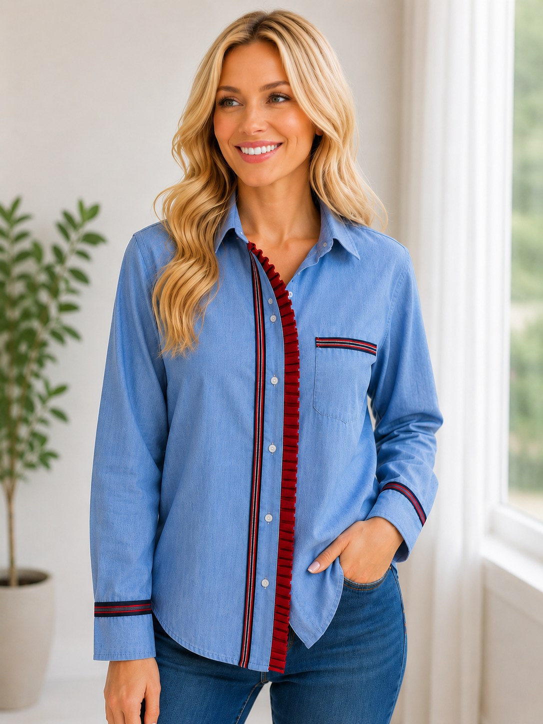 Hand-Embellished Chambray Ruffle Button-Down Shirt by Trish - Size Small