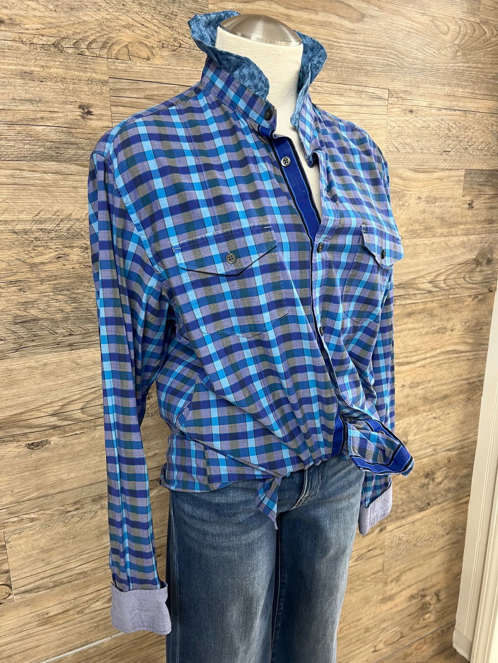 Blue Plaid Ruffle Collar Button-Up Shirt Embellished by Trish