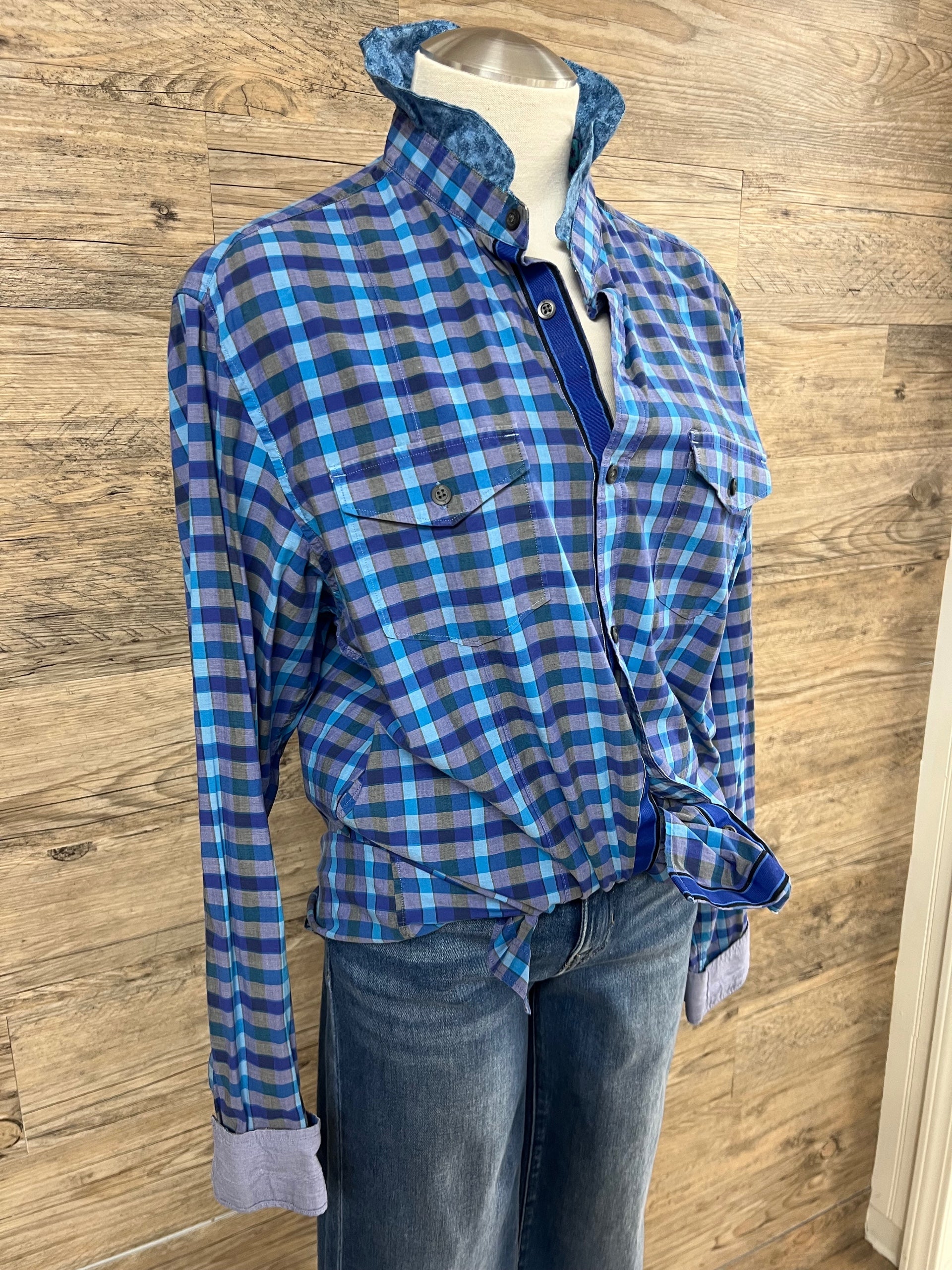 Blue Plaid Ruffle Collar Button-Up Shirt Embellished by Trish