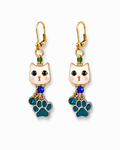 Handmade Whimsical White Kitten Earrings with Aqua Paws by D.K. Tlustos