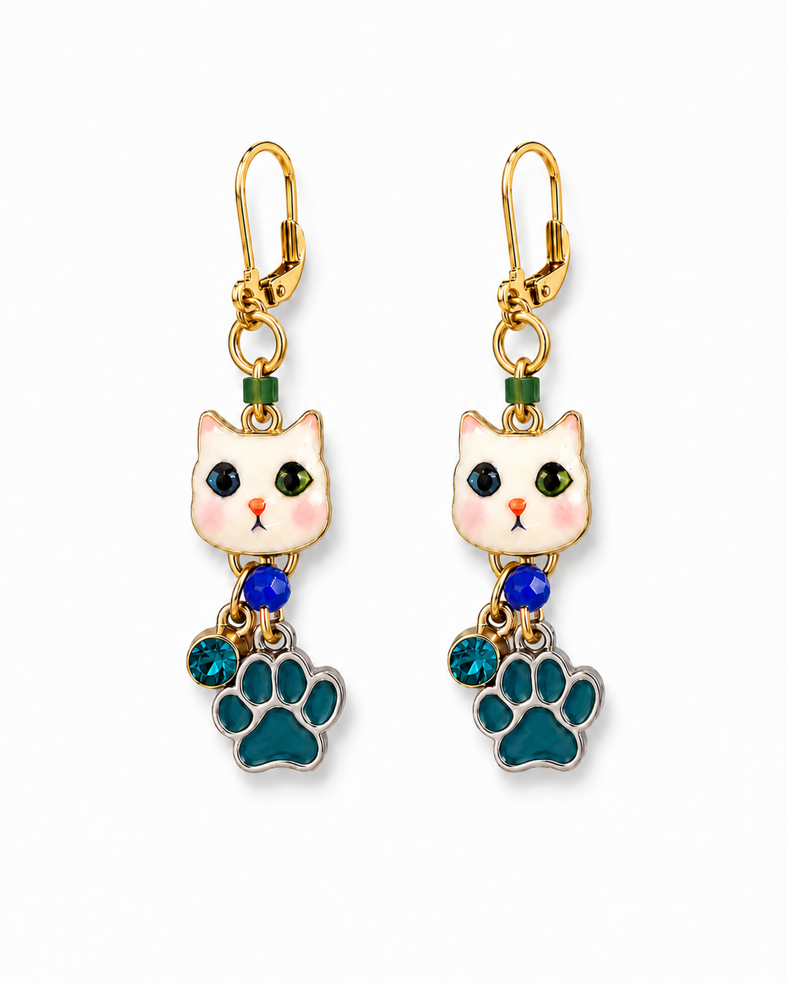 Handmade Whimsical White Kitten Earrings with Aqua Paws by D.K. Tlustos