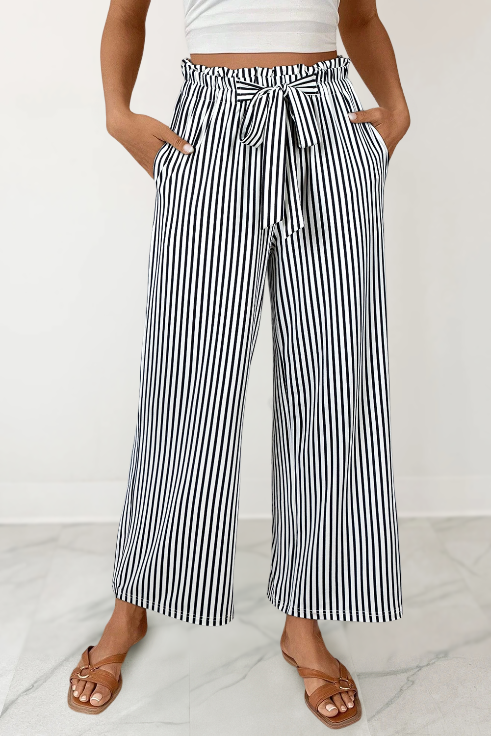 Striped Paperbag Waist Wide-Leg Pants
