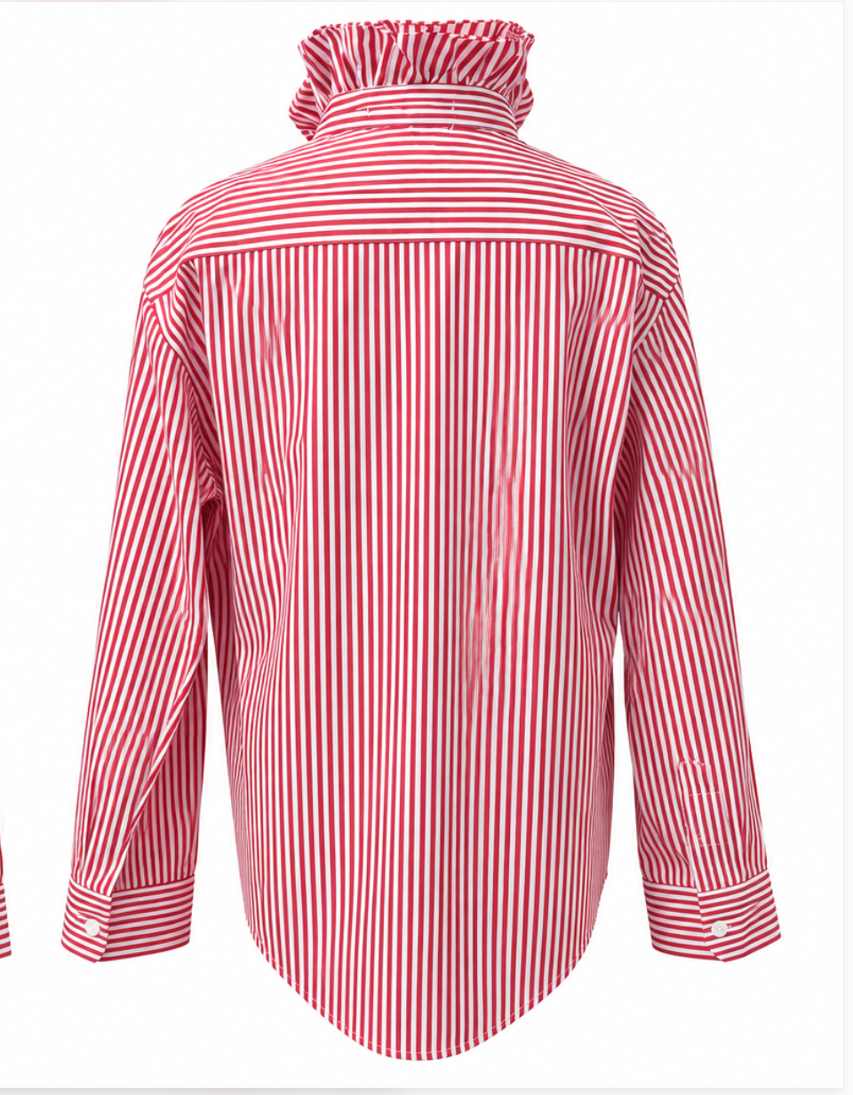 Red & White Striped Double Ruffle Collar Shirt - Embellished by Trish -Size Medium