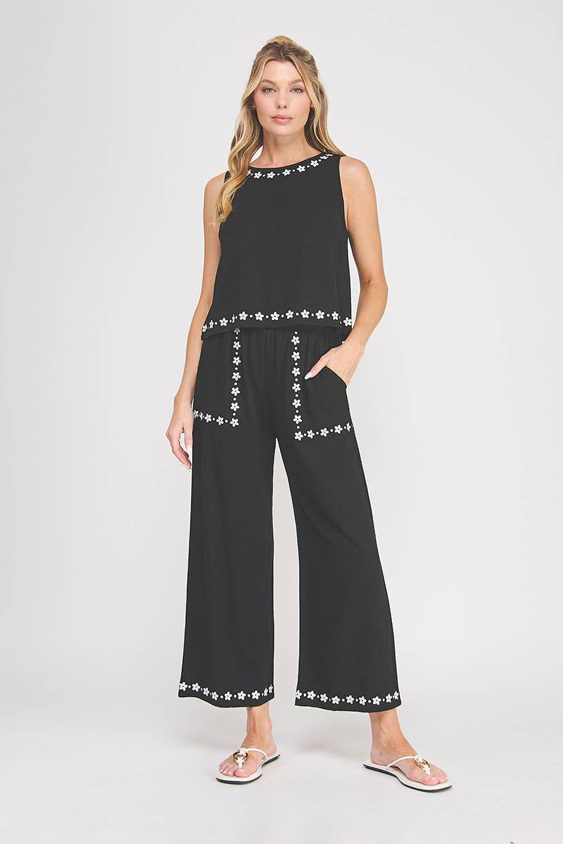 Allie Rose - Embroidered Linen Elastic Tie-Waist Ankle Pant