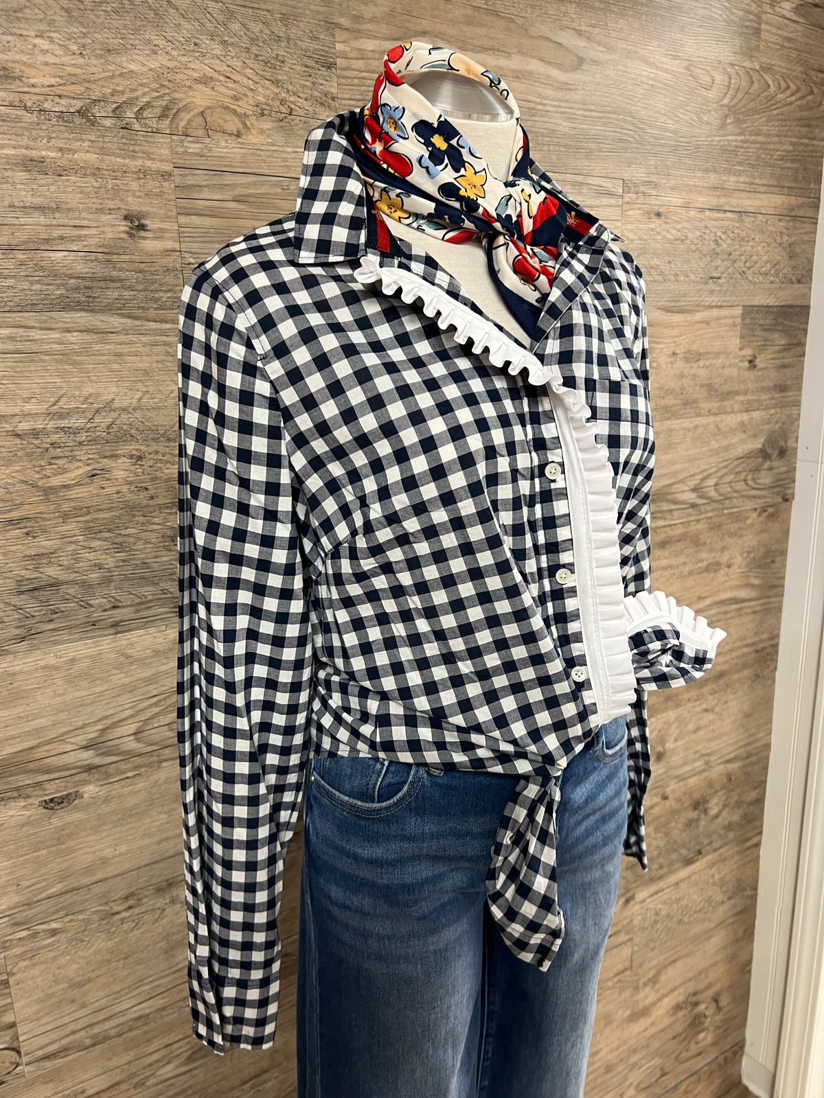 Navy Gingham Ruffle Button-Down Shirt Embellished by Trish - Size M