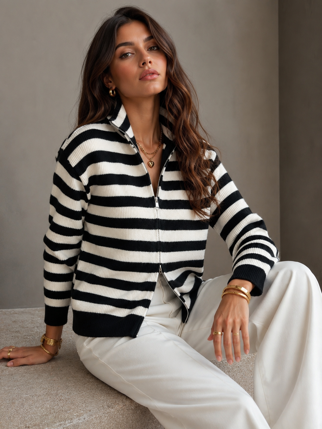 Striped Zip-Up Turtleneck Sweater