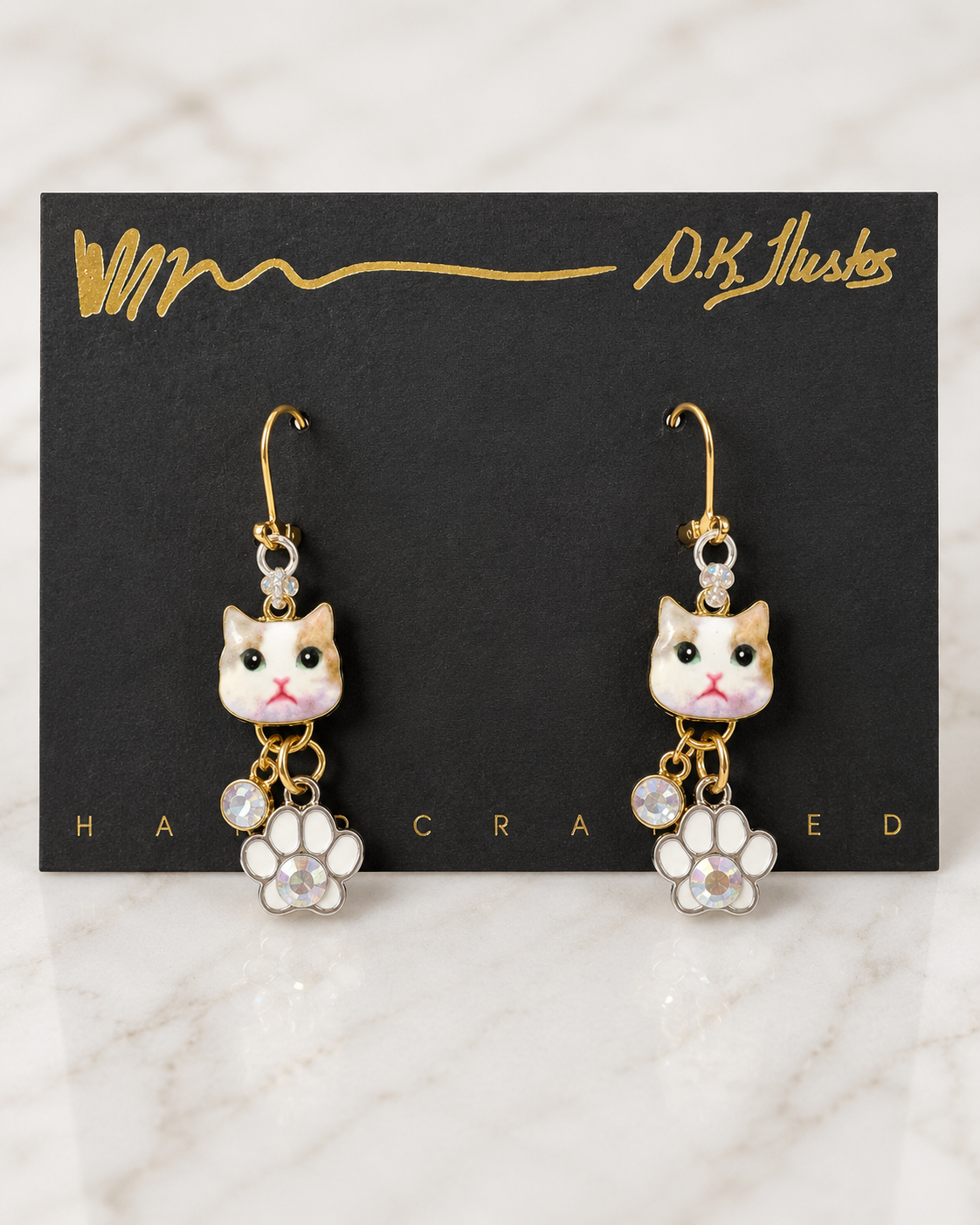 Handmade Whimsical White Kitten Earrings with White Paws by D.K. Tlustos Copy