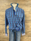 Blue Plaid Ruffle Collar Button-Up Shirt Embellished by Trish