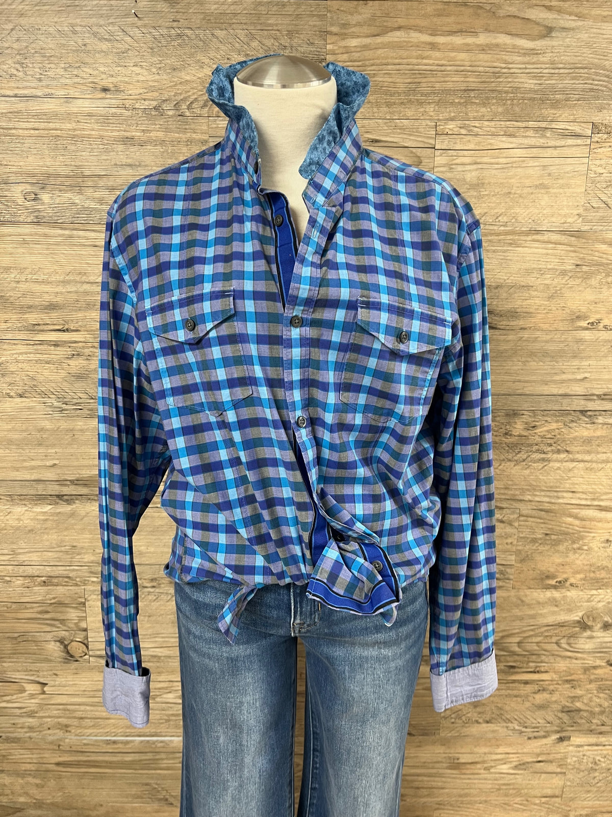 Blue Plaid Ruffle Collar Button-Up Shirt Embellished by Trish