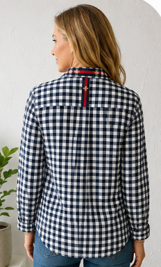 Hand-Embellished Navy Gingham Ruffle Button-Down Shirt by Trish - Size M
