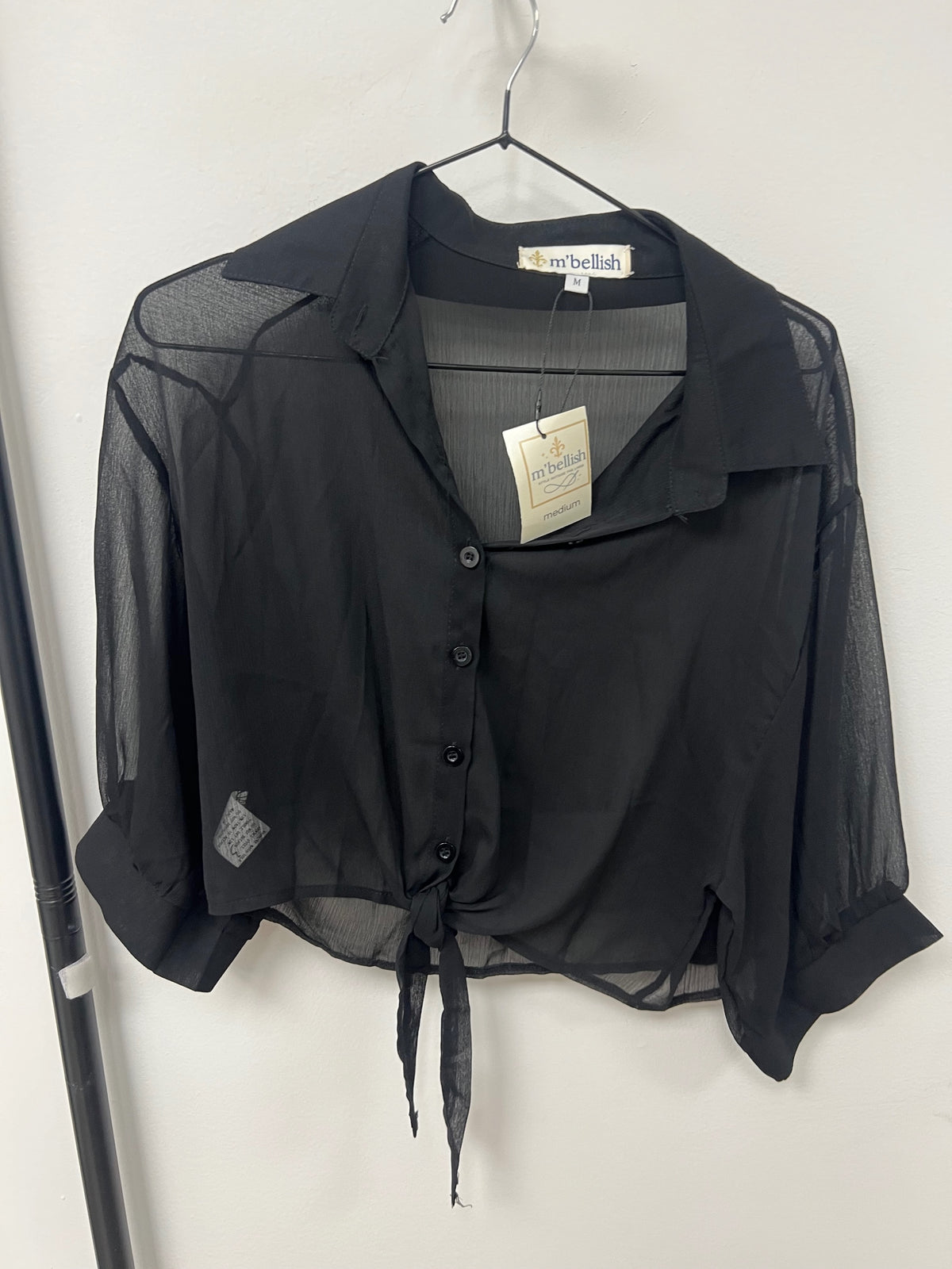 Sheer Shirt Tie Front - Black - Medium
