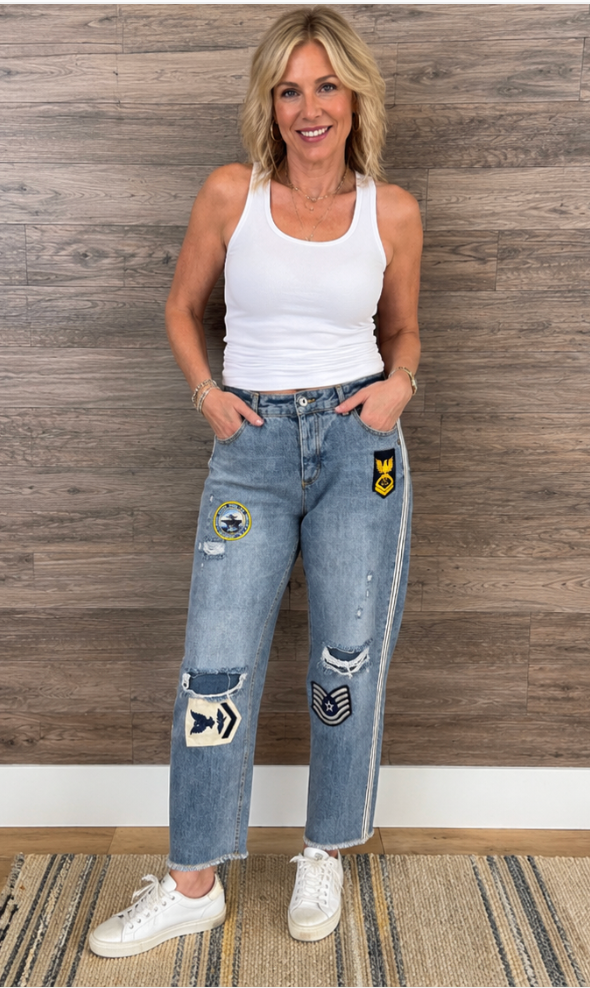 Hand-Embellished Patriotic Military Patch Boyfriend Jeans by Trishn- SIZE 10/12