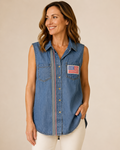 Hand-Embellished American Striped Denim Chambray Blouse by Trish - Size XS