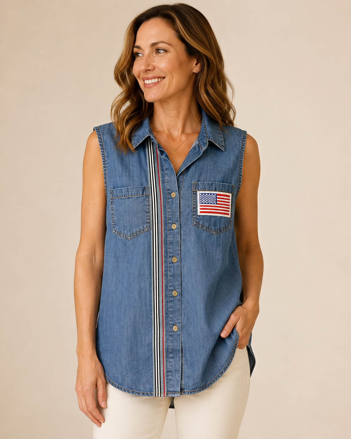 Hand-Embellished American Striped Denim Chambray Blouse by Trish - Size XS