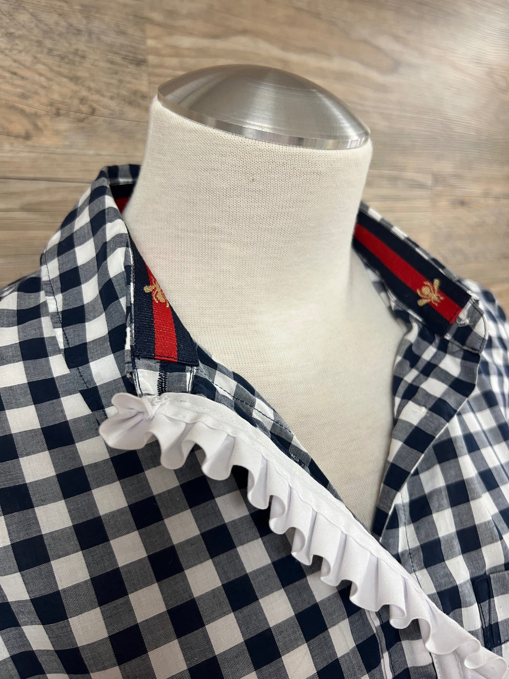Navy Gingham Ruffle Button-Down Shirt Embellished by Trish - Size M