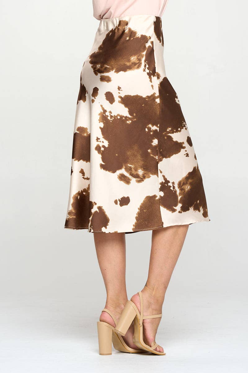 Cow Print Satin Midi Slip Skirt