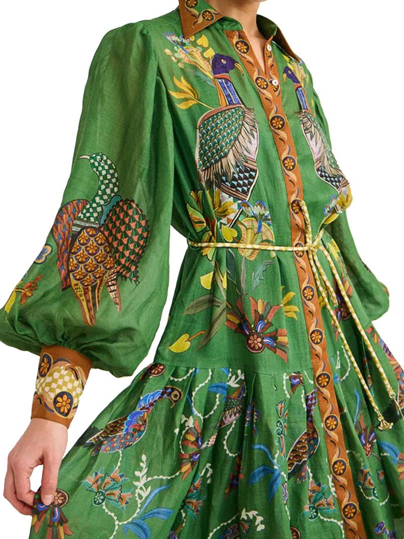 Bird Print Tie-Front Maxi Dress