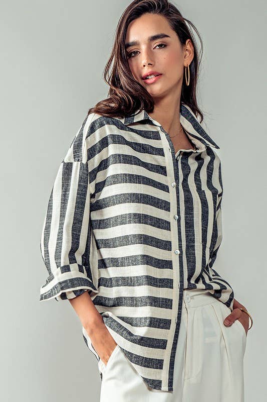 Urban Daizy - Mixed Stripe Pattern Oversized Button Down Shirt