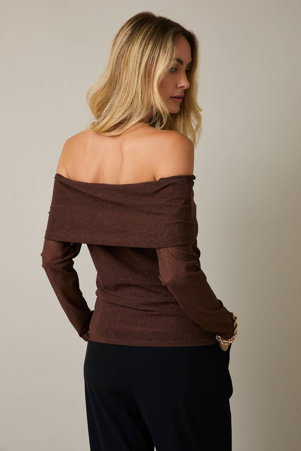 Metallic Chocolate Brown Off-the-Shoulder Top