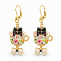 Handmade Whimsical Black Kitten in a Teacup Earrings with Bow Drop by D.K. Tlustos