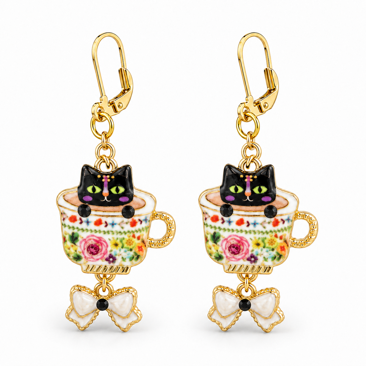 Handmade Whimsical Black Kitten in a Teacup Earrings with Bow Drop by D.K. Tlustos