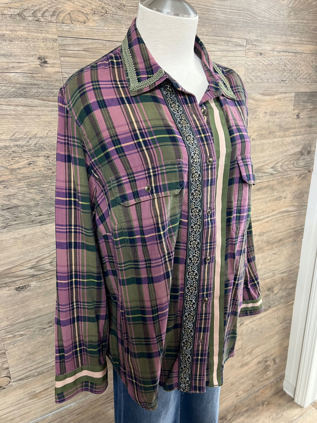 Purple and Olive Flannel Embellished by Trish - Size Large