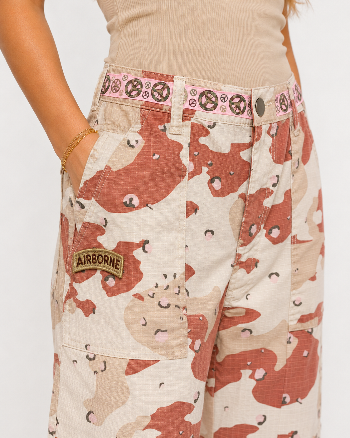Hand-Embellished Pink & Tan Camo Patched Airborne Pants by Trish - Size Medium