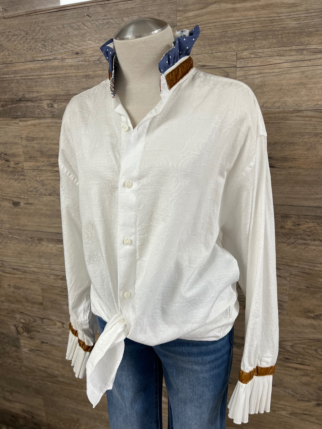 White Paisley Ruffle Blouse Embellished by Trish - Size Large