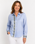 Hand-Embellished Blue Floral Trim Button Up Blouse by Trish - Size 8 (Medium)