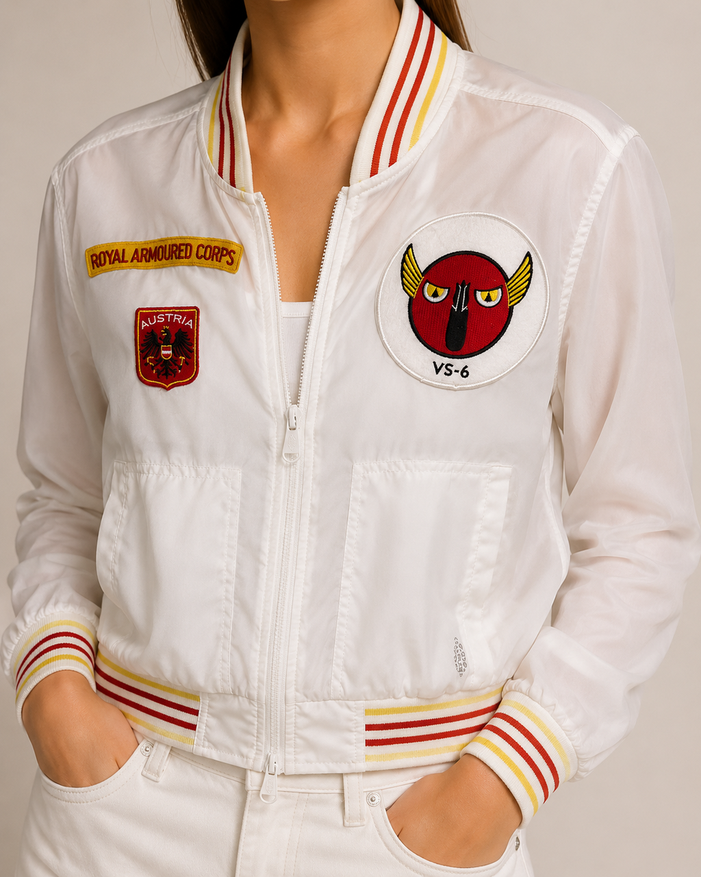 Royal Armour Cropped Bomber Jacket Embellished by Trish — Size Small