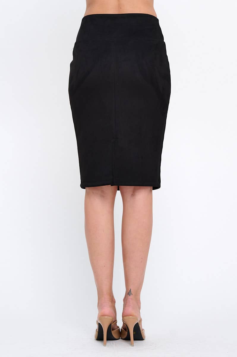 Suede Solid Pencil Midi Skirt - Black