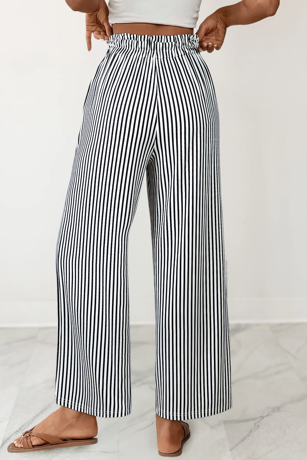 Striped Paperbag Waist Wide-Leg Pants