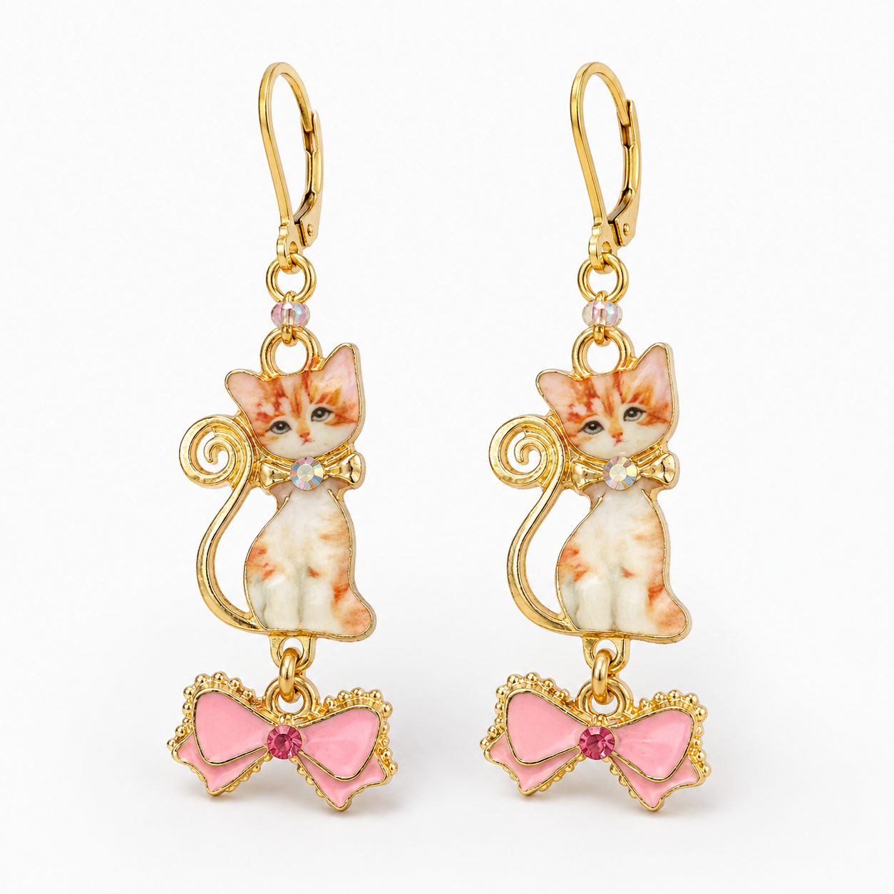 Handmade Cream & Pink Cat Bow Earrings by D.K. Tlustos