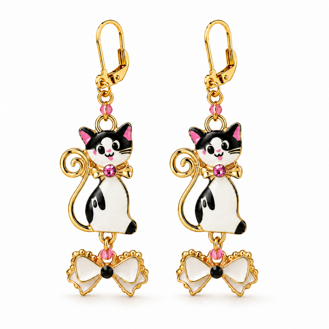Handmade Black & White Cat Bow Earrings by D.K. Tlustos