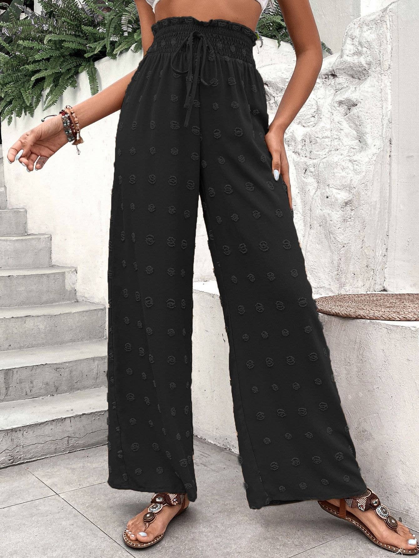 Jacquard pattern drawstringwide leg pants