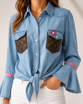 Authentic LV Denim Chambray Tie-Waist Button Up Embellished by Trish - Size Large