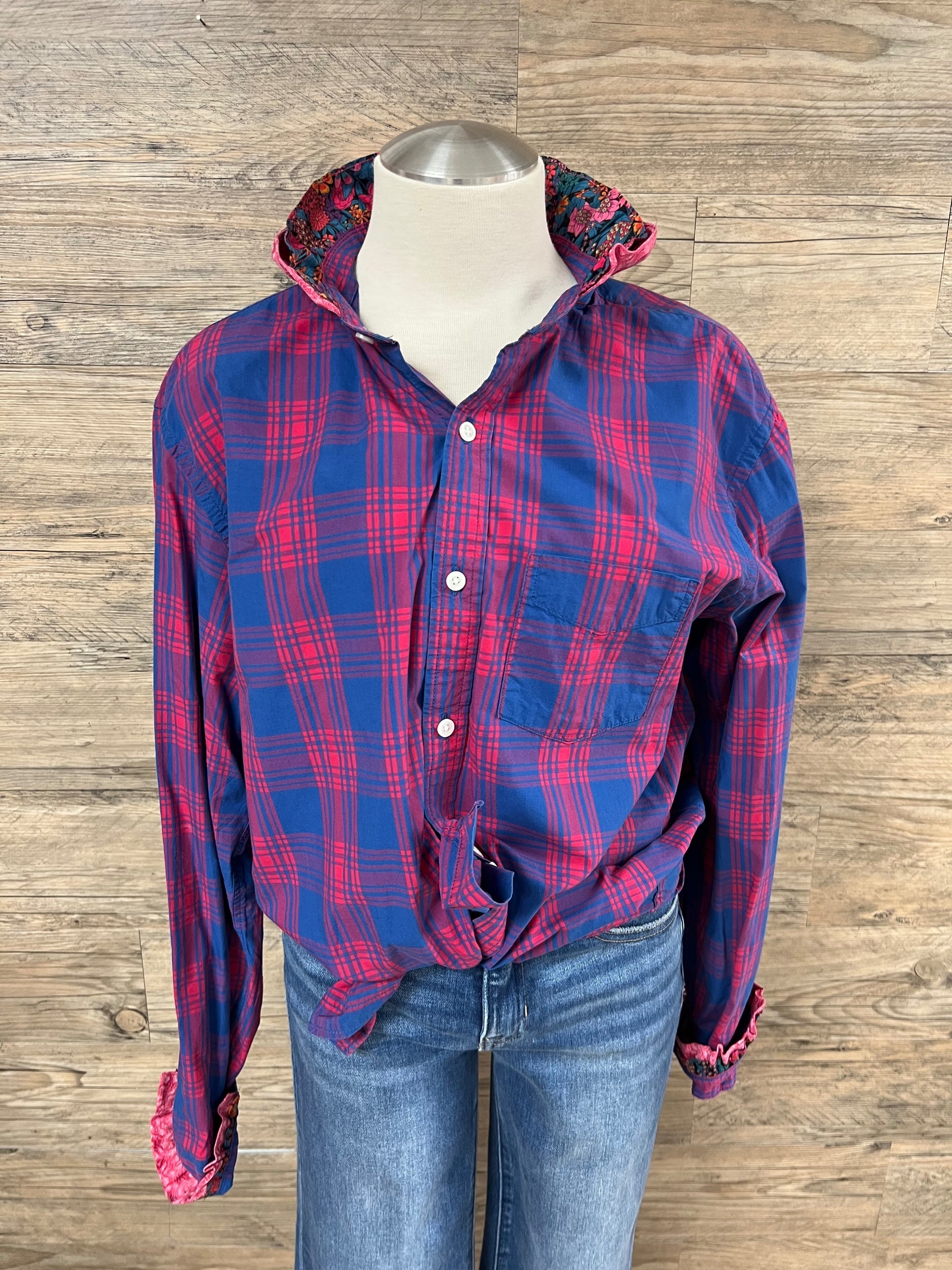 Blue and Fuchsia Plaid Ruffle Collar Button-Up Embellished by Trish - Size Large