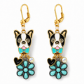 Handmade French Bulldog & Turquoise Flower Earrings by D.K. Tlustos